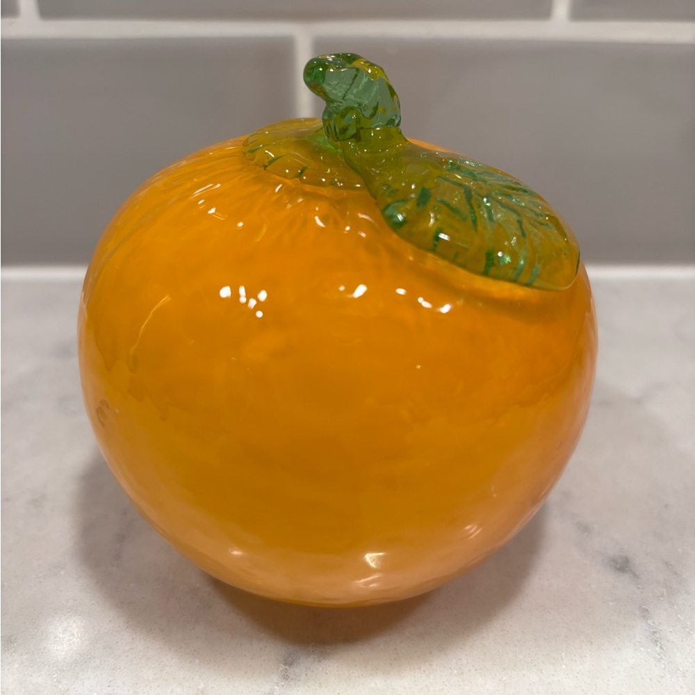 Vintage 🍊 Murano style handmade blown art glass fruit orange with green stem